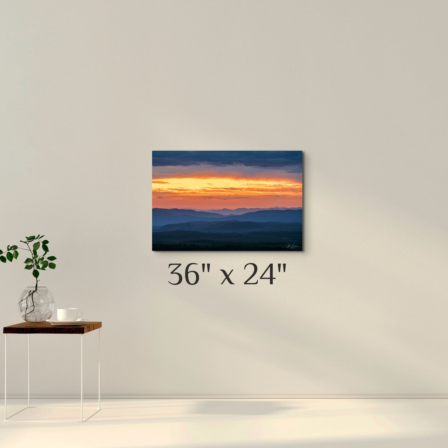 A simple wall art mockup featuring the 36x24 inch metal print titled "Melting Into Saffron" on display on a wall.