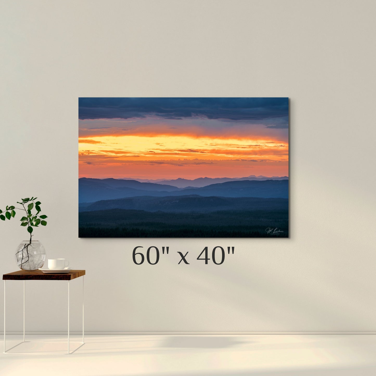 A simple wall art mockup featuring the 60x40 inch metal print titled "Melting Into Saffron" on display on a wall.