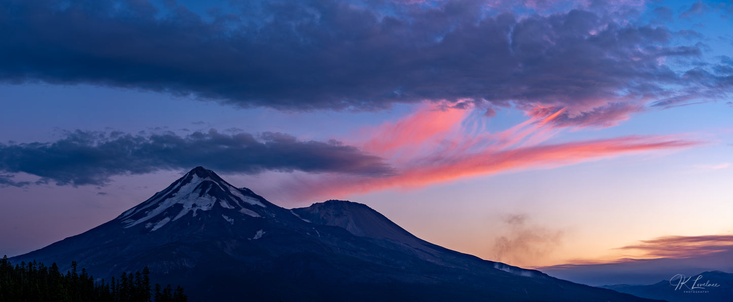 A jpg of the landscape panoramic photograph titled "Mt Shasa, August 2021: Fire Above Smoke" shot by landscape photographer J K Lovelace featuring an unusual sunset over fire-ravaged Northern California
