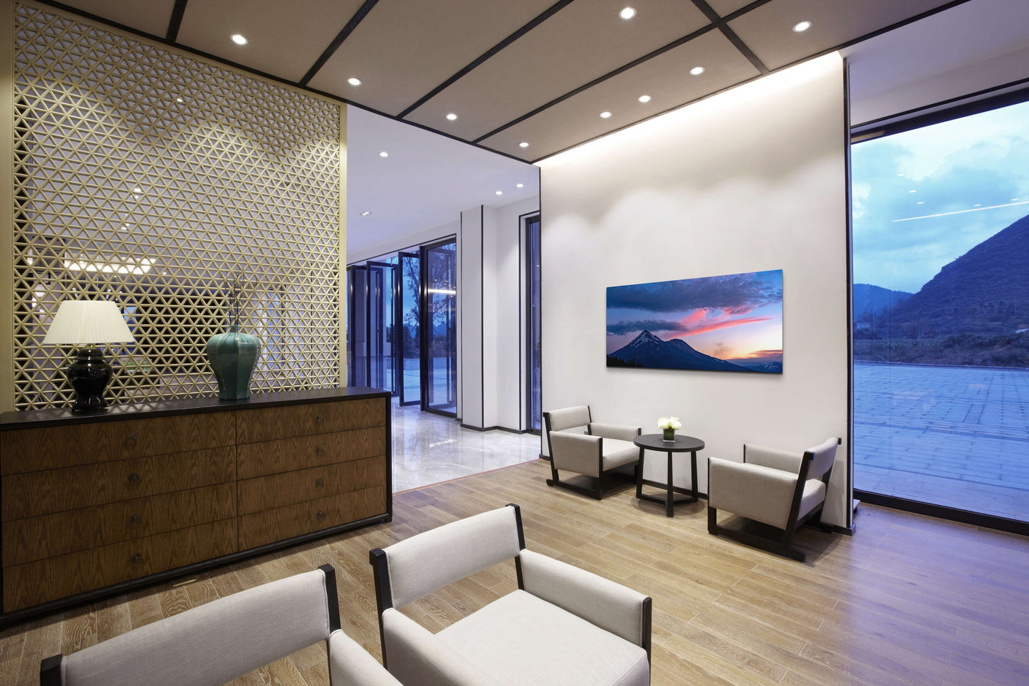 A wall art mockup of the metal print titled "Mt Shasta, August 2021: Fire Above Smoke"in inset frame on display in a mountain desert upscale estate.