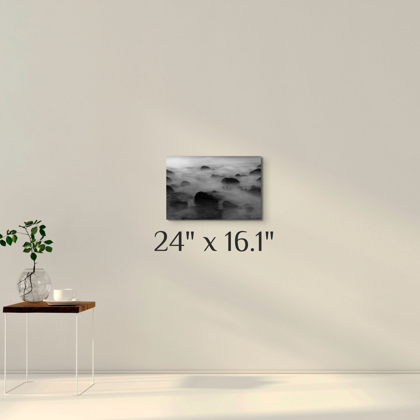 A simple wall art mockup featuring the 24 inch wide metal print titled "Neoteric Soup" on display on a wall.