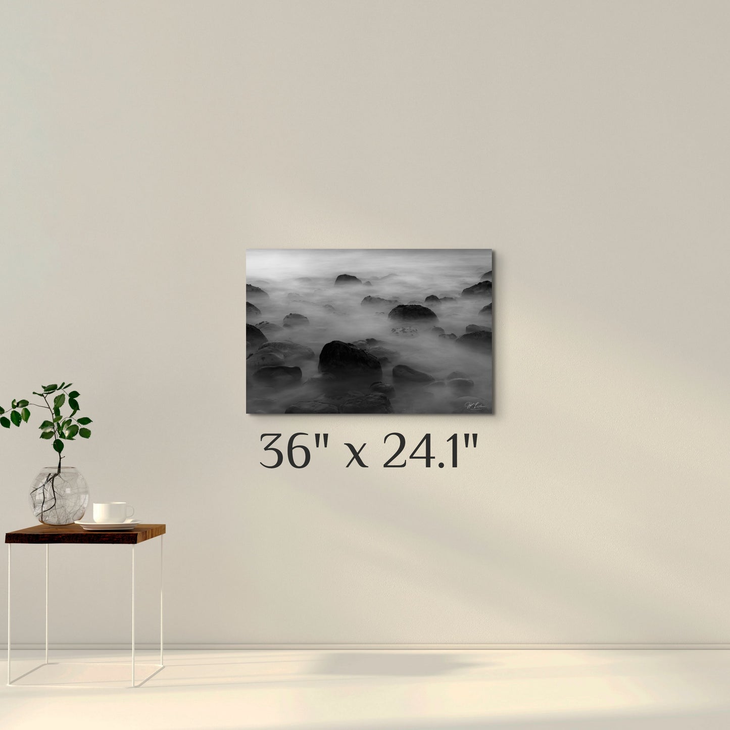 A simple wall art mockup featuring the 36 inch wide metal print titled "Neoteric Soup" on display on a wall.