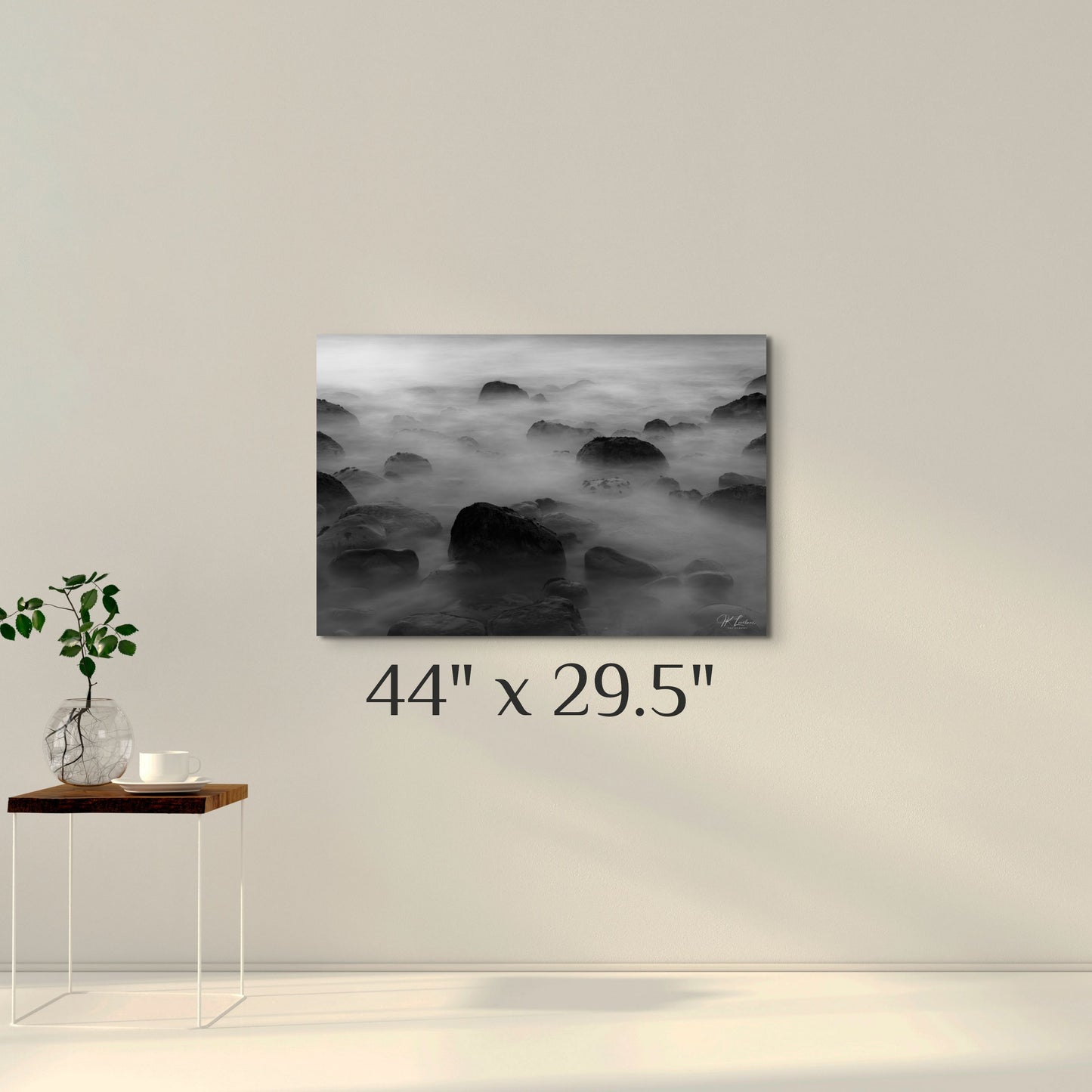 A simple wall art mockup featuring the 44 inch wide metal print titled "Neoteric Soup" on display on a wall.