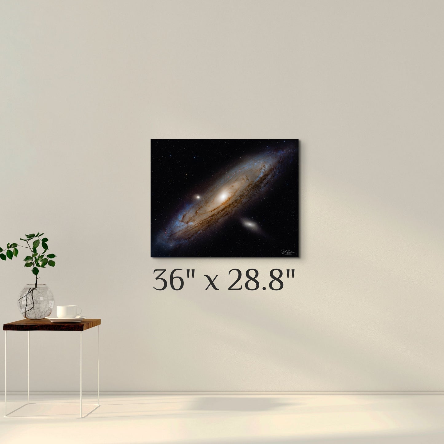 A simple wall art mockup featuring the 36 inch wide metal print titled "One Trillion Stars" displayed on a wall.