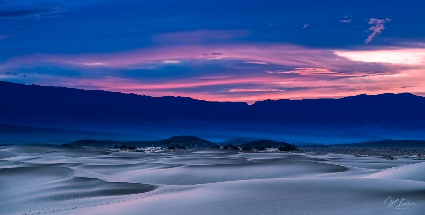 A jpg of the blue hour photograph titled "Sand Dunes at Sunrise" shot by landscape photographer J K Lovelace featuring Death Valley sunrise.