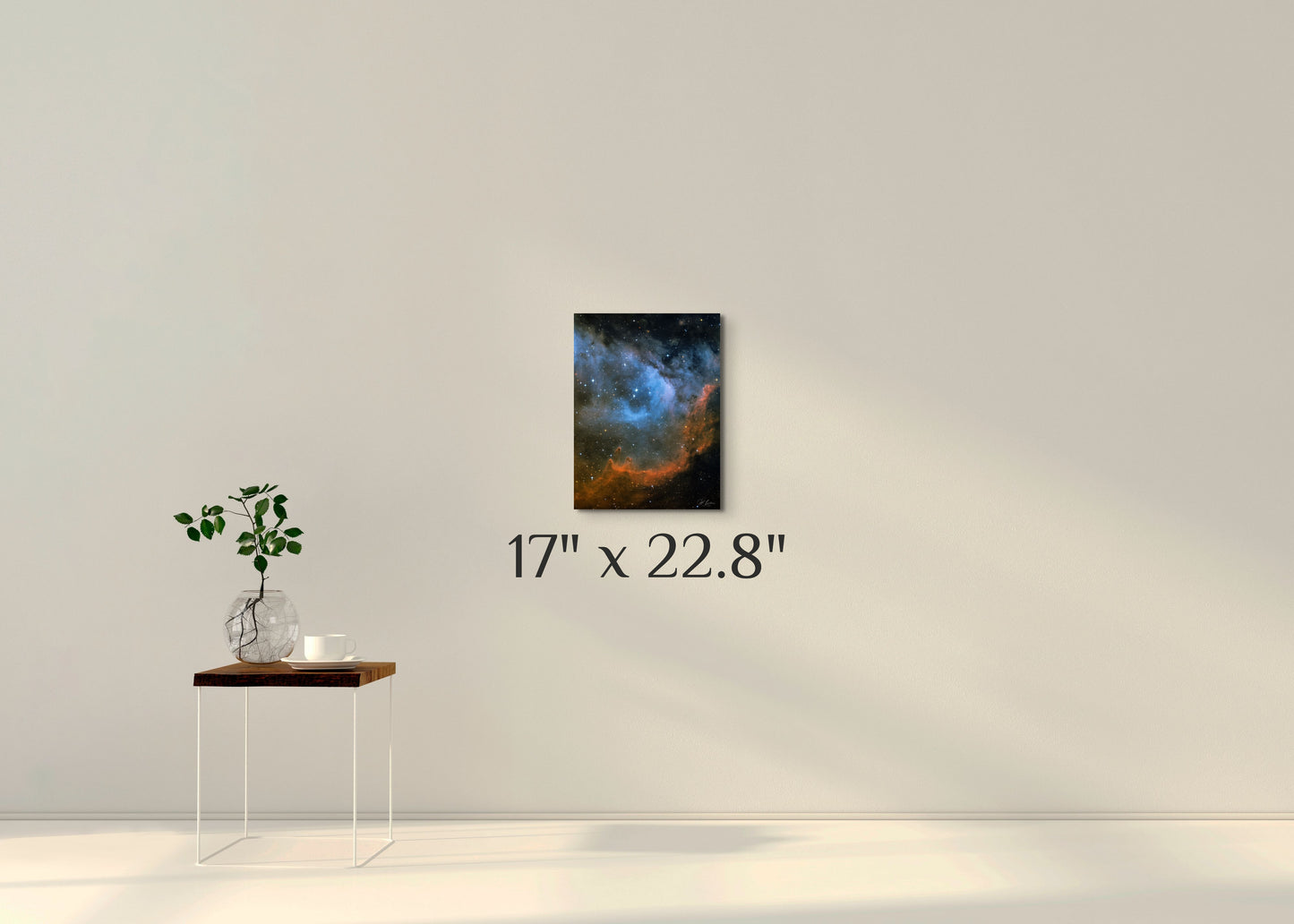 A simple wall art mockup featuring the 17 inch wide metal print in inset frame titled "Seat of the Soul" displayed on a wall.