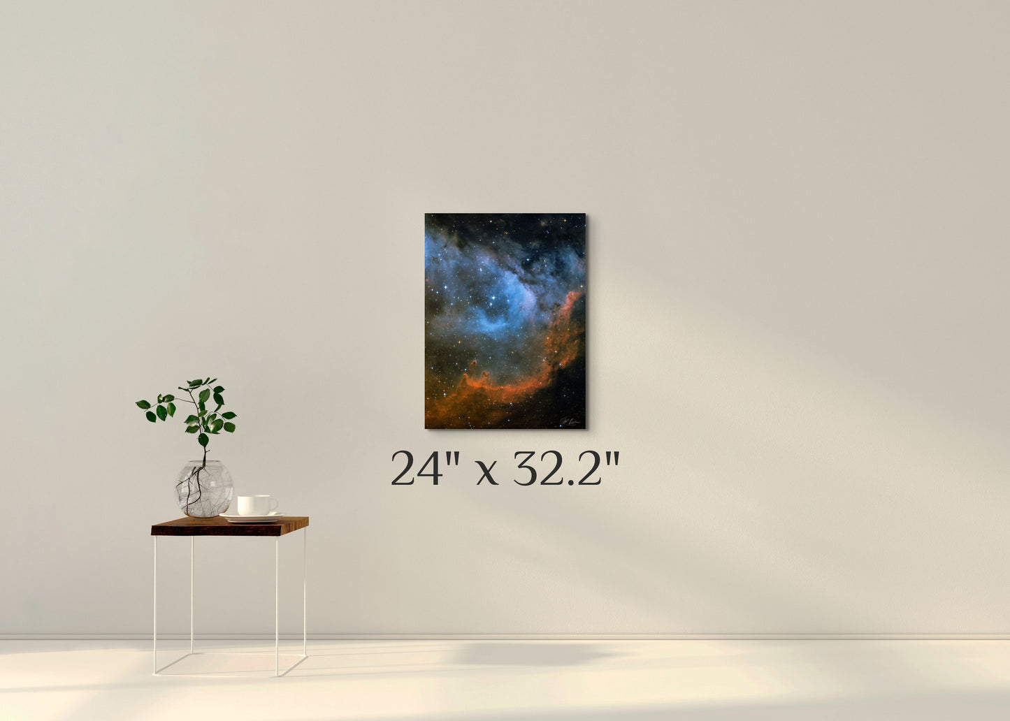 A wall art mockup featuring the deep sky metal print titled "Seat of the Soul" at 24 inches wide on display on a wall.