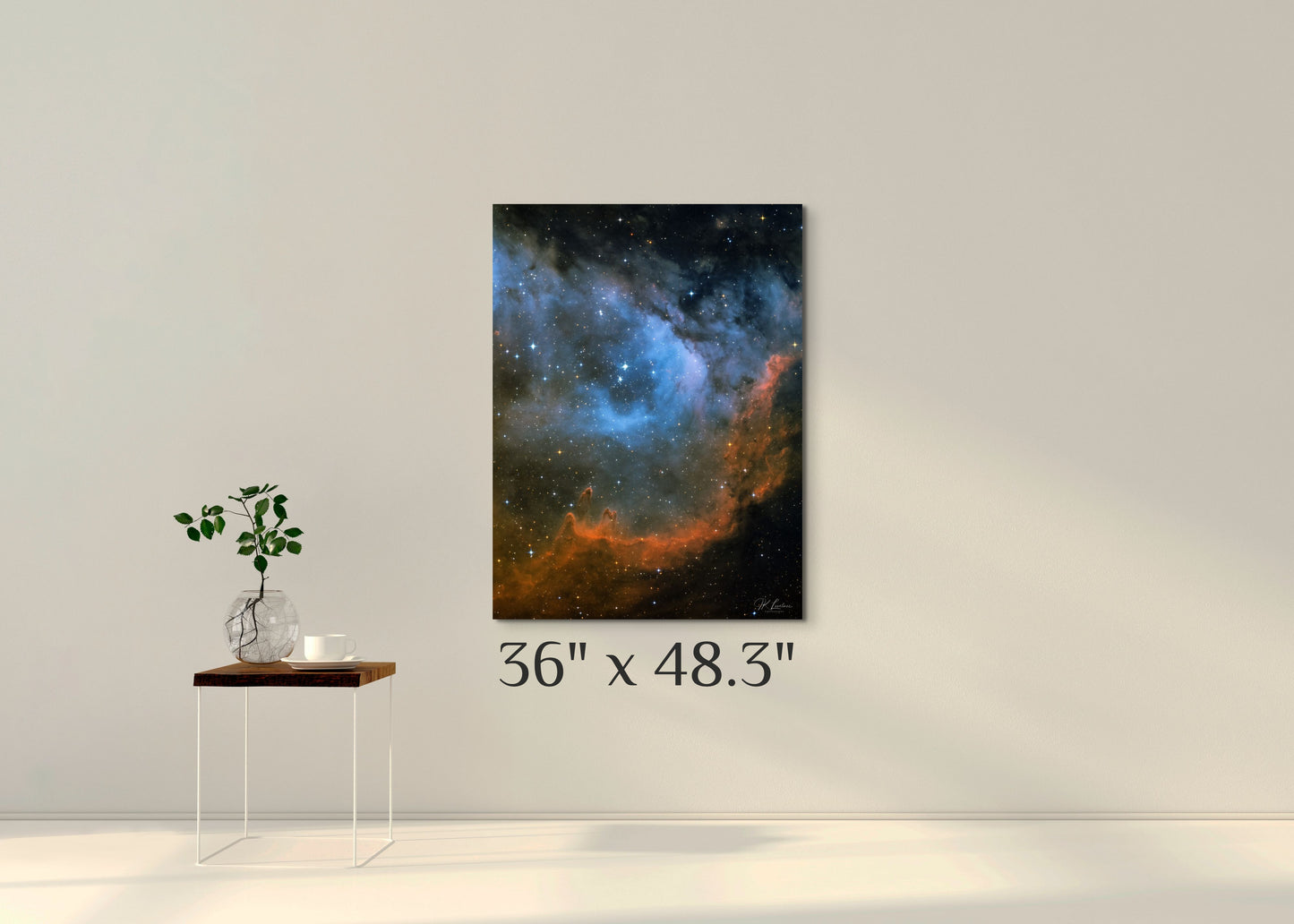 A simple wall art mockup featuring the 36 inch wide metal print in inset frame titled "Seat of the Soul" displayed on a wall.