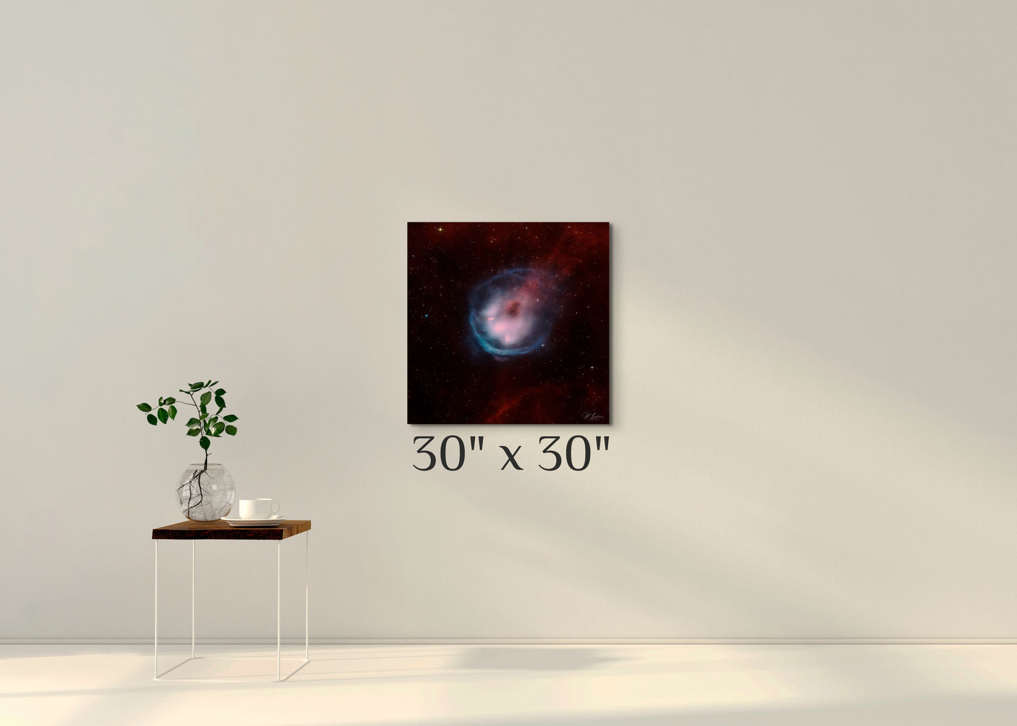 A simple wall art mockup featuring the 30 inch wide metal print titled "Star Falling" displayed on a wall.