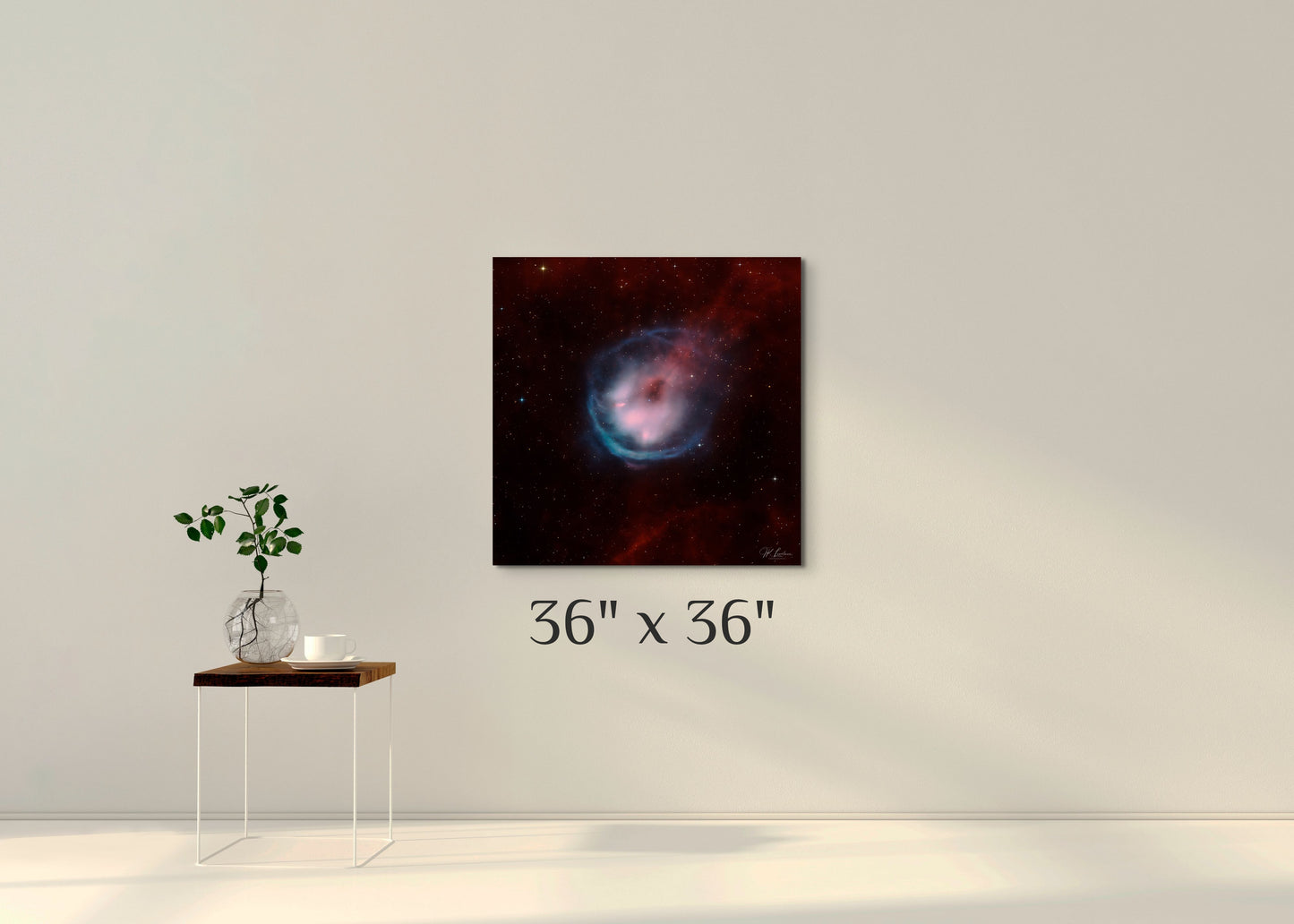A simple wall art mockup featuring the 36 inch wide metal print titled "Star Falling" displayed on a wall.