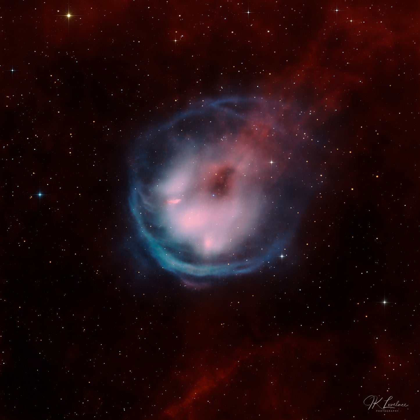 A jpg of the deep sky photograph titled "Star Falling" shot by astrophotographer J K Lovelace featuring HFG1, a relatively unknown planetary nebula.