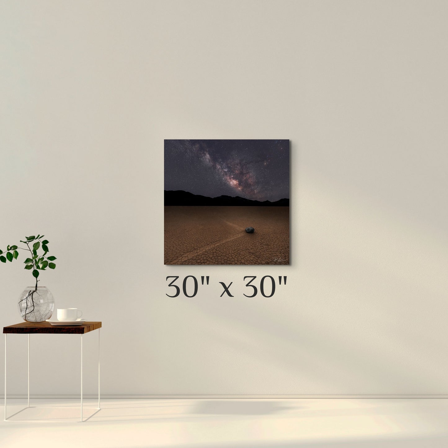 A simple wall art mockup featuring the 30 inch wide metal print titled "The Sailing Stone" displayed on a wall.