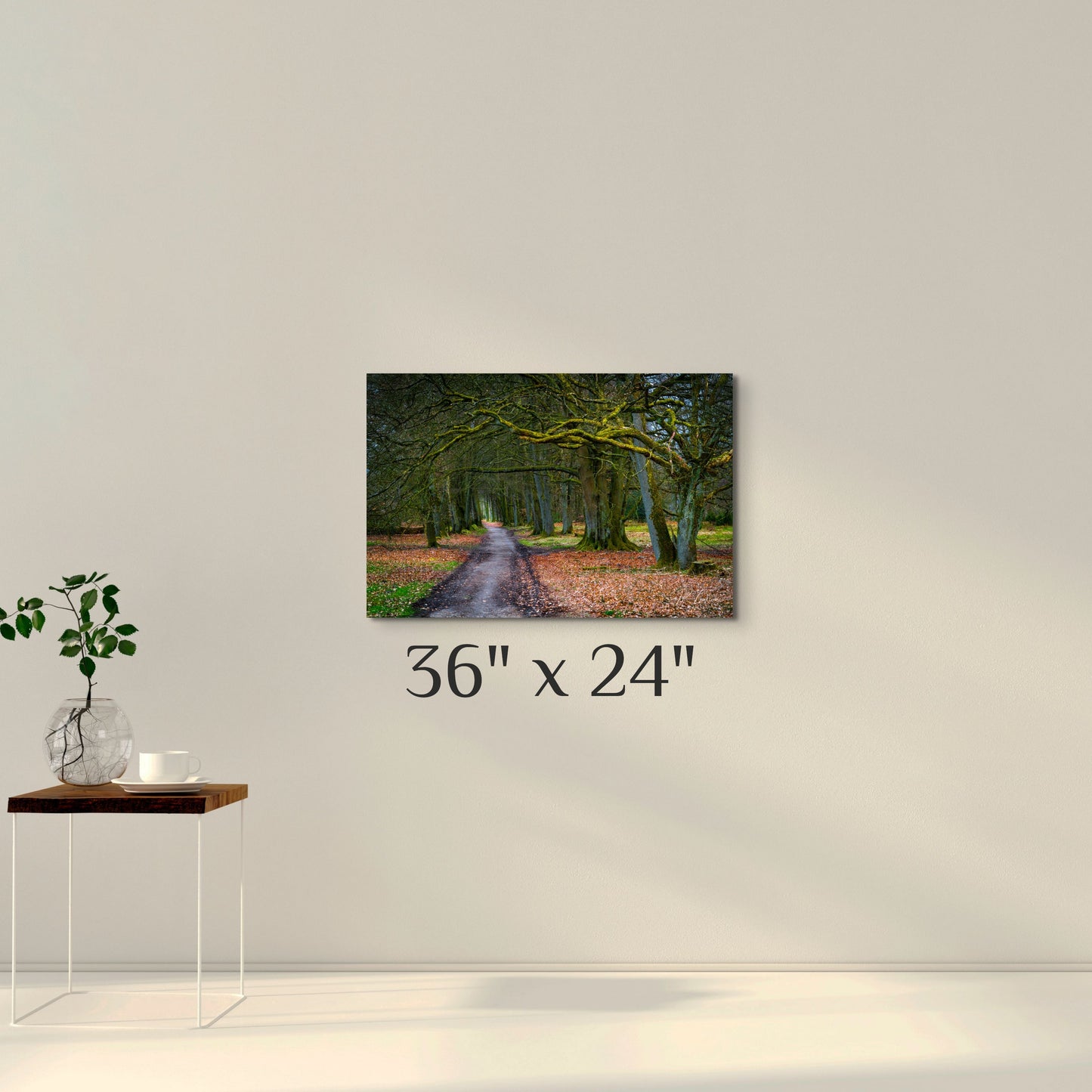 A simple wall art mockup featuring the 36x24 inch metal print titled "To Grandmother's House" on display on a wall.