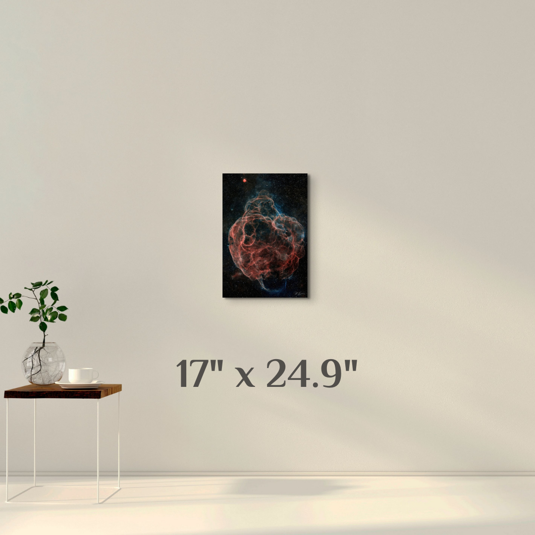 A simple wall art mockup featuring the 17 inch wide metal print titled "Web of Wisps" displayed on a wall.