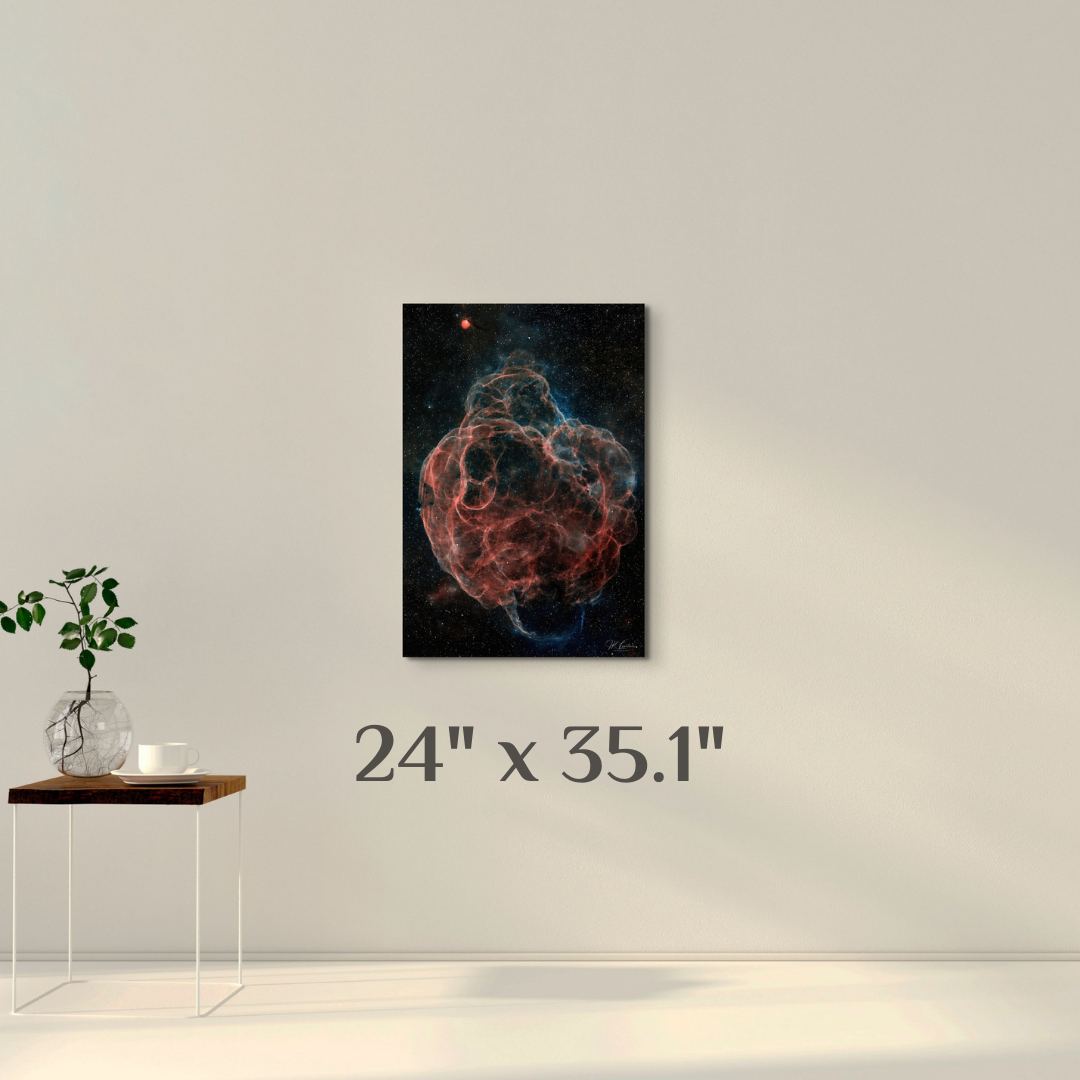 A simple wall art mockup featuring the 24 inch wide metal print titled "Web of Wisps" displayed on a wall.