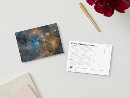 A digital mockup featuring the front and back of the 5x7 inch postcard featuring the deep sky photograph titled "Clouds of Light and Darkness" shot by astrophotographer J K Lovelace on the front and fast facts of the deep sky object on the back.