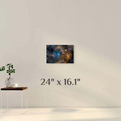A wall art mockup of the deep sky photograph titled, "Clouds of Light and Darkness" shot by astrophotographer J K Lovelace, on display as a 24 inch wide metal print with inset frame.
