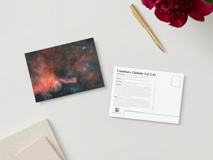 A digital mockup featuring the front and back of the 5x7 inch postcard featuring the deep sky photograph titled "Cometary Globule 4 (CG4)" shot by astrophotographer J K Lovelace on the front and fast facts of the deep sky object on the back.