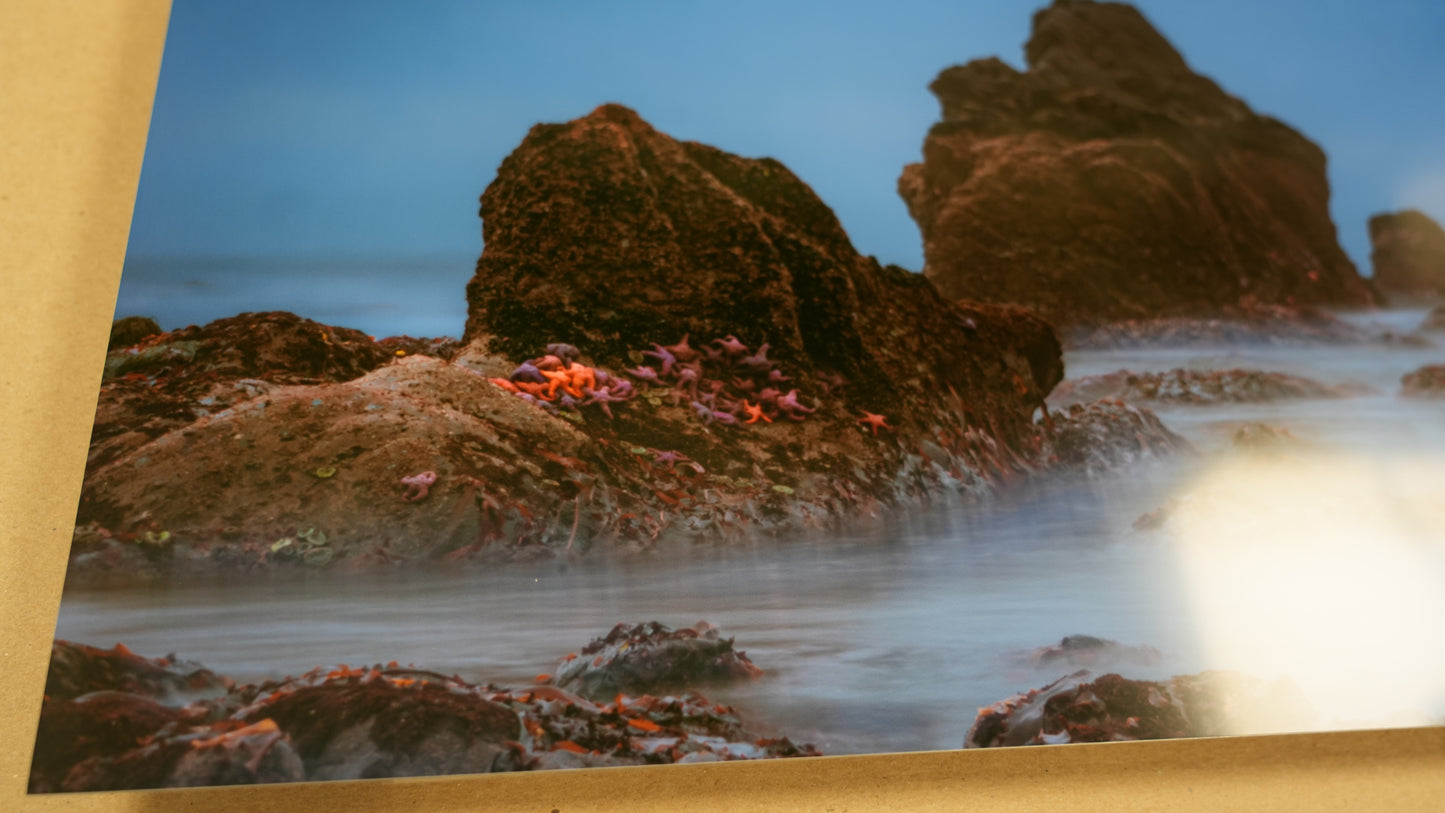 Rocks on a beach with water and light reflections