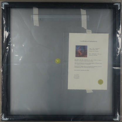 Framed artwork with a certificate inside, wrapped in plastic on a cardboard surface.