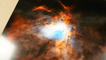 Misty landscape with a bright light source in the center