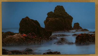 Rocks on a beach with a ruler for scale on a beige background