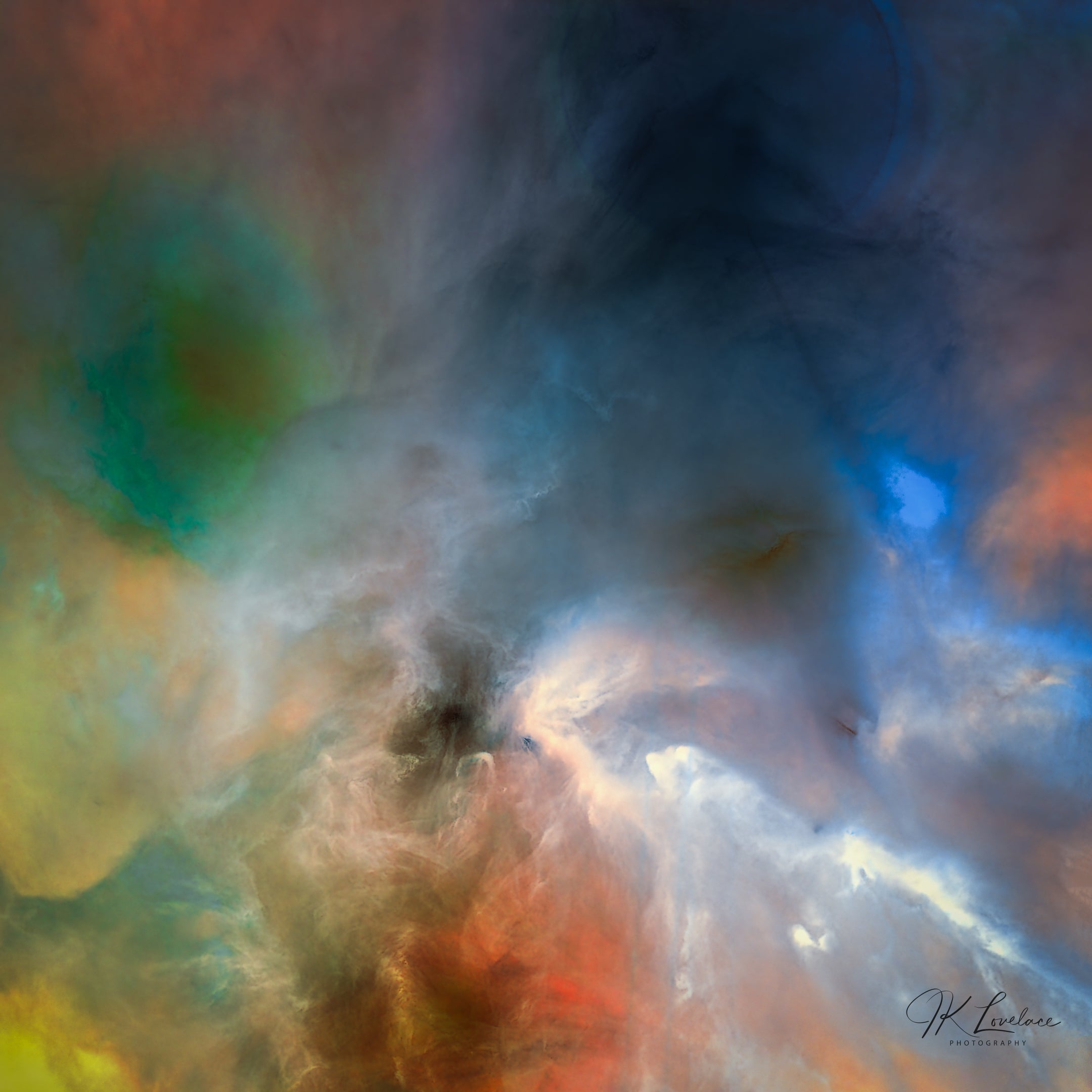 A jpg of the photograph titled "Deep Sky I: Ophiuchus" shot by astrophotographer J K Lovelace, featuring a deep sky (starless) photograph of the Antares Complex.