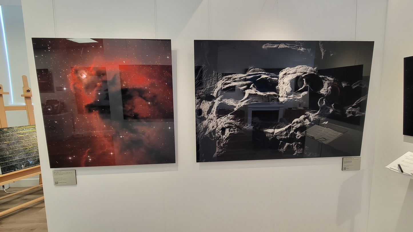 A photograph of the gallery interior showing the metal prints titled "Elmo's Ghost" and "The Skull of Ozymandias" on display on a wall partition.