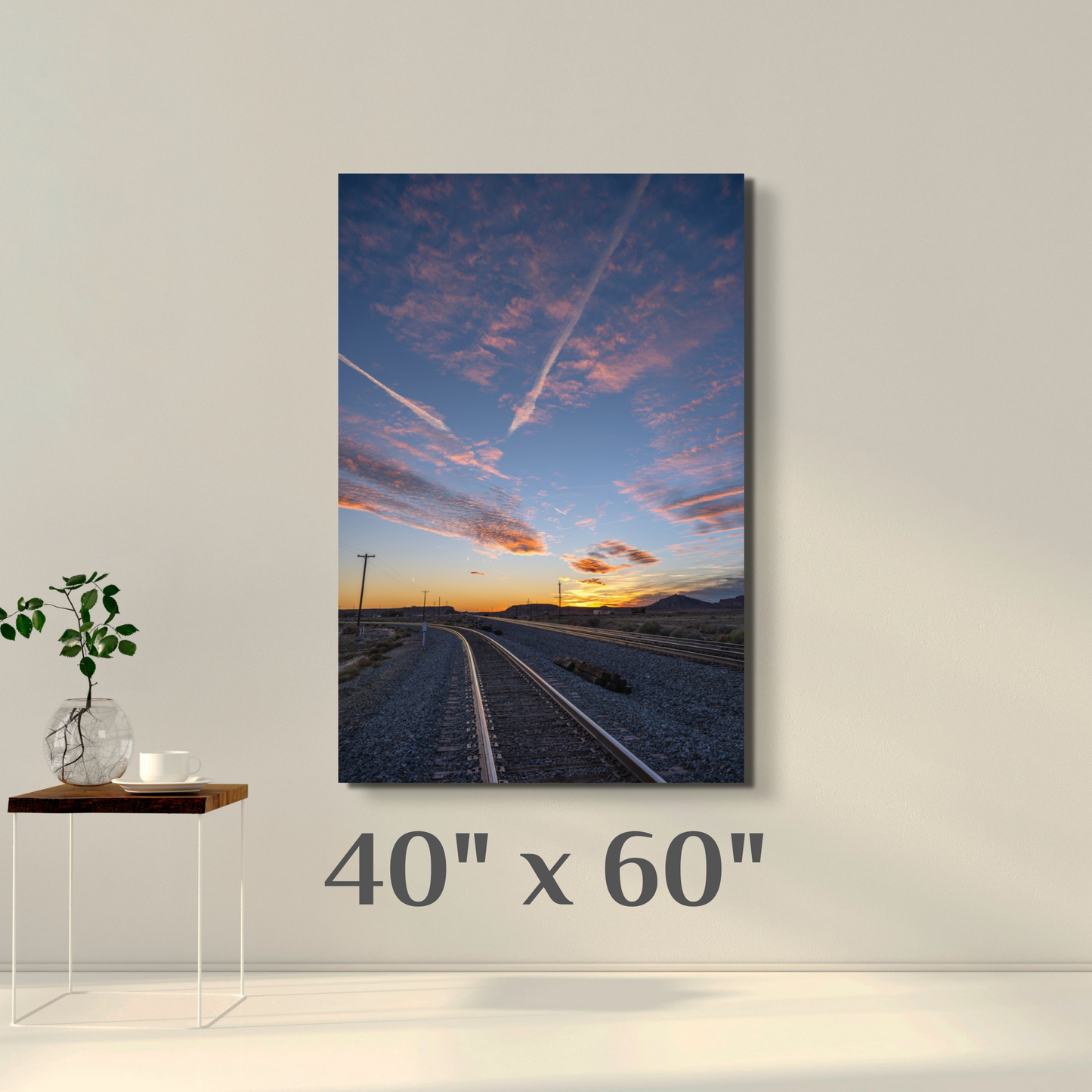 A wall art mockup featuring the photograph titled "Go West" by landscape photographer J K Lovelace as a 40 inch wide metal print with inset frame on display on a wall.
