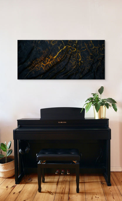 A wall art mockup featuring the photograph titled "Golden Veins" by landscape photographer Ben Coffman as a 48 inch wide metal print with inset frame on display above piano in a modern apartment.