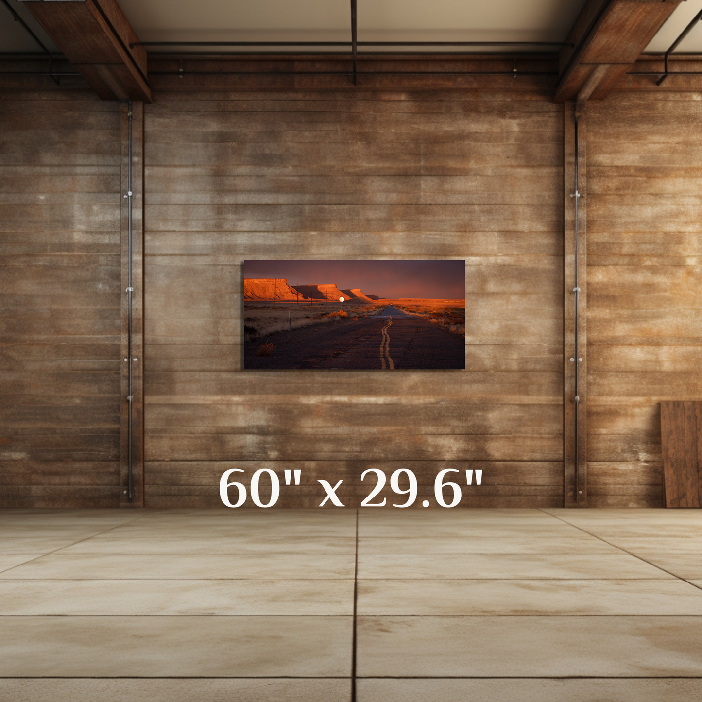 A wall art mockup featuring the photograph titled, "Heading Home" shot by landscape photographer J K Lovelace, as a 60 inch wide metal print with inset frame in a rustic setting