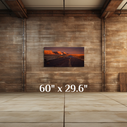 A wall art mockup featuring the photograph titled, "Heading Home" shot by landscape photographer J K Lovelace, as a 60 inch wide metal print with inset frame in a rustic setting