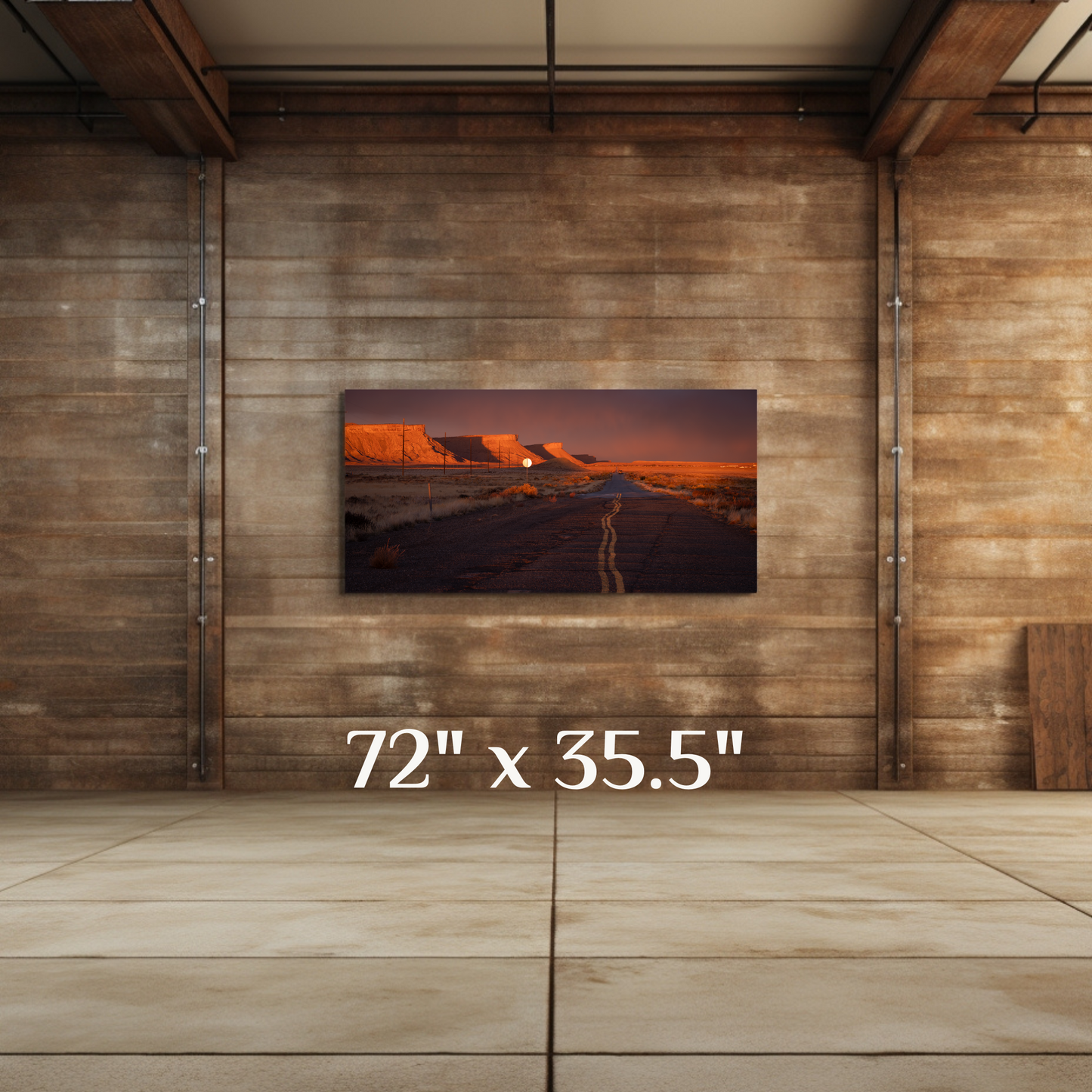 A wall art mockup featuring the photograph titled "Heading Home" by landscape photographer J K Lovelace as a 72 inch wide metal print with inset frame on display in a rustic room.