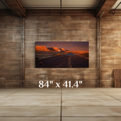 A wall art mockup featuring the photograph titled, "Heading Home" shot by landscape photographer J K Lovelace, as a 84 inch wide metal print with inset frame in a rustic setting.