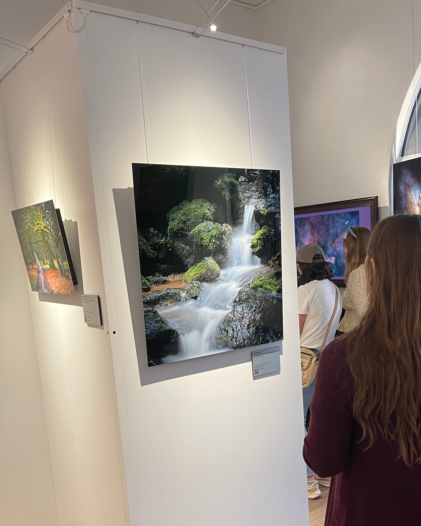 A photograph of the interior of Slice of Light Gallery showing the metal prints "Hidden Grotto" and "To Grandmother's House" on display.