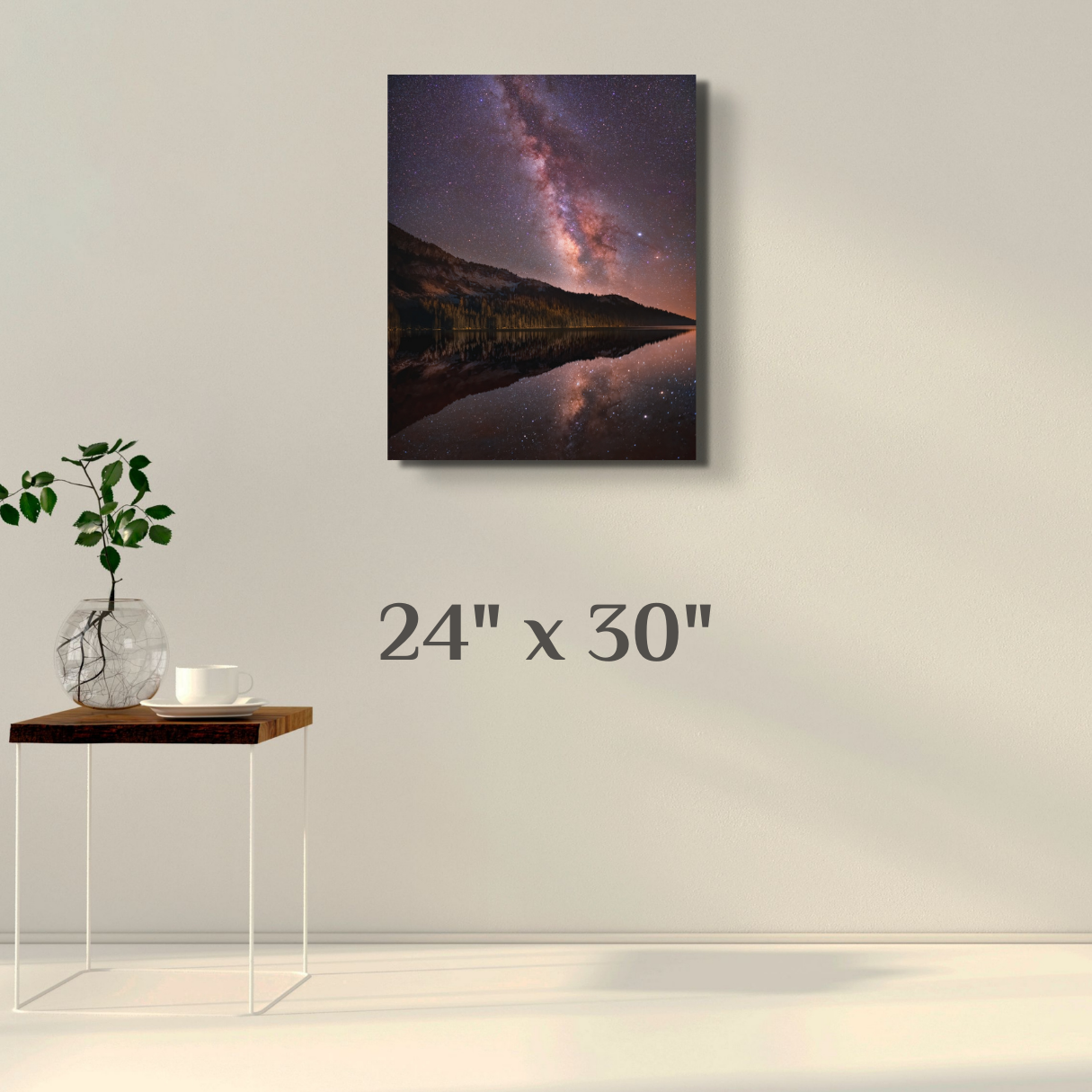 A wall art mockup featuring the nightscape photograph titled, "High Lake" shot by landscape photographer J K Lovelace, on display as a 24 inch wide metal print with inset frame.
