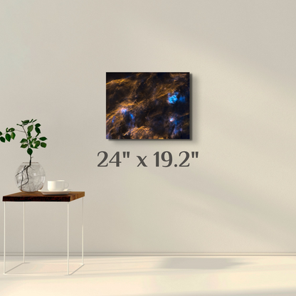 A wall art mockup featuring the deep sky photograph titled, "Huge and Mighty Forms" shot by astrophotographer J K Lovelace, on display as a 24 inch wide metal print with inset frame.