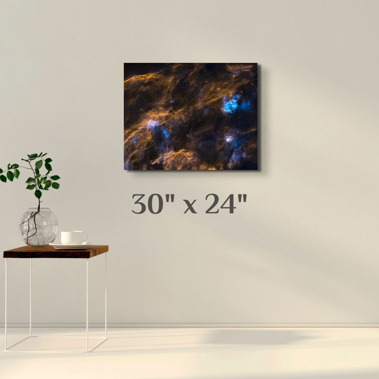 A wall art mockup featuring the deep sky photograph titled, "Huge and Mighty Forms" shot by astrophotographer J K Lovelace, on display as a 30 inch wide metal print with inset frame.