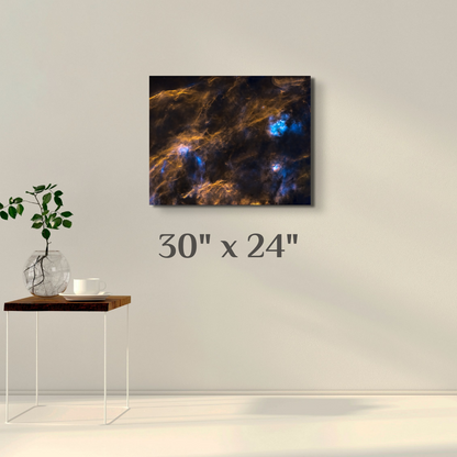 A wall art mockup featuring the deep sky photograph titled, "Huge and Mighty Forms" shot by astrophotographer J K Lovelace, on display as a 30 inch wide metal print with inset frame.