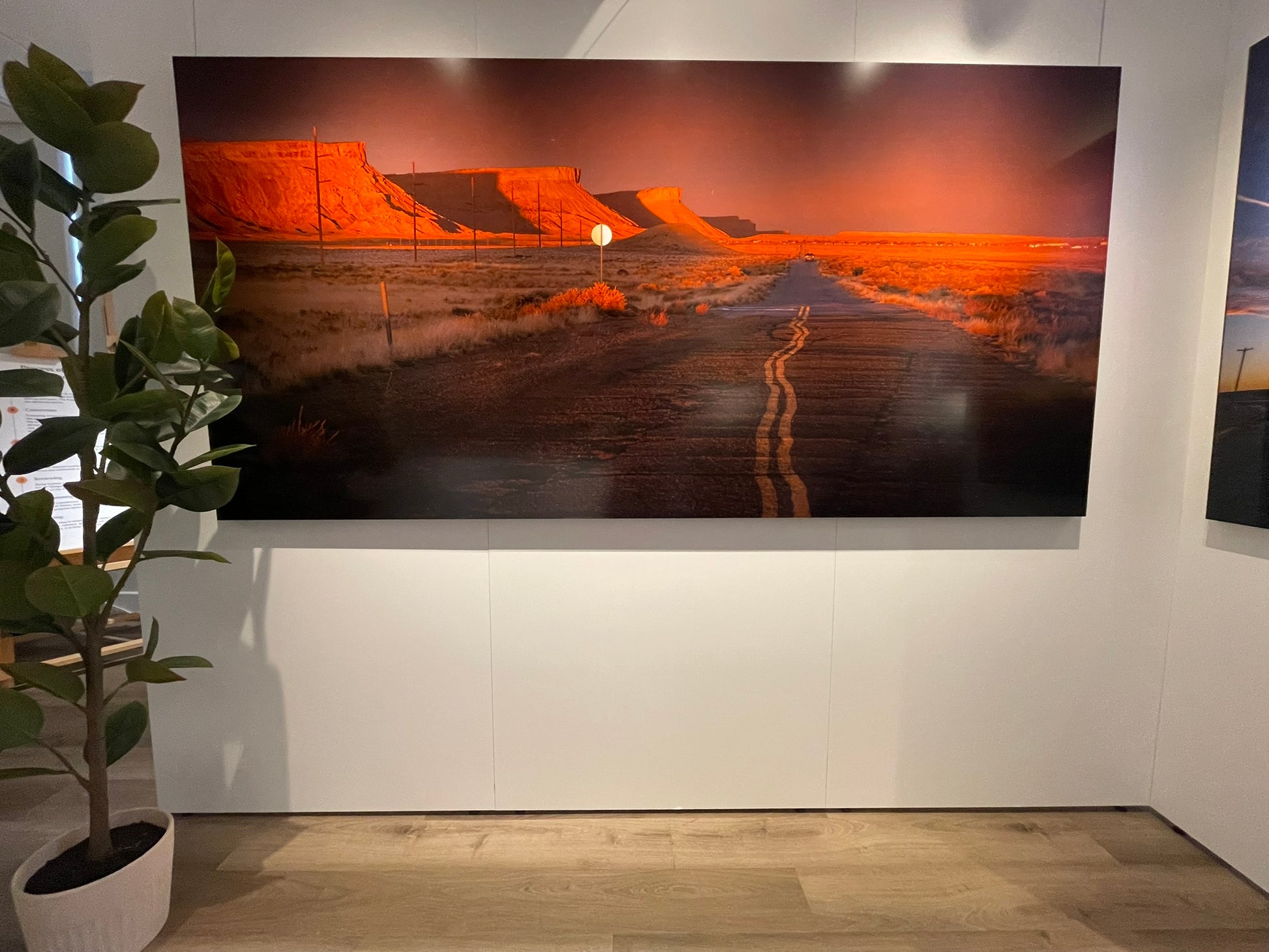 Large desert landscape painting on a wall with a plant and part of another painting in the corner.