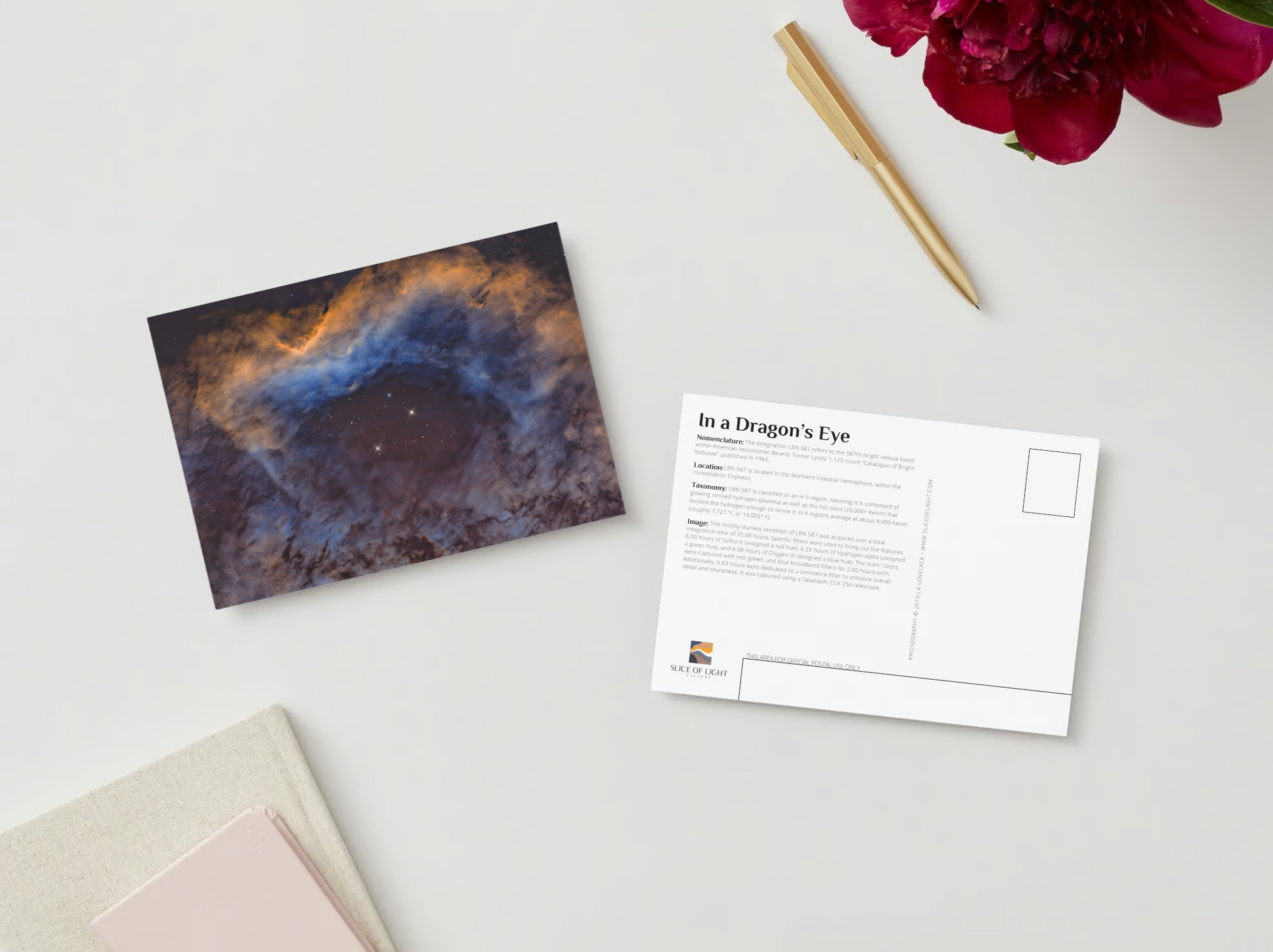 A digital mockup featuring the front and back of the 5x7 inch postcard featuring the deep sky photograph titled "In a Dragon's Eye" shot by astrophotographer J K Lovelace on the front and fast facts of the deep sky object on the back.