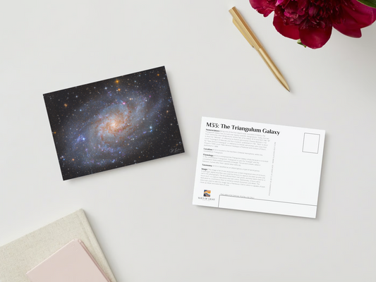 A digital mockup featuring the front and back of the 5x7 inch postcard featuring the deep sky photograph titled "M33: The Triangulum Galaxy" shot by astrophotographer J K Lovelace on the front and fast facts of the deep sky object on the back.