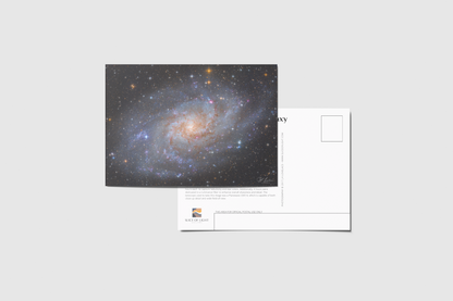 A simple digital mockup showing the front and back of a postcard, with the front being a photograph of the deep sky object titled "M33: The Triangulum Galaxy" shot by astrophotographer J K Lovelace.