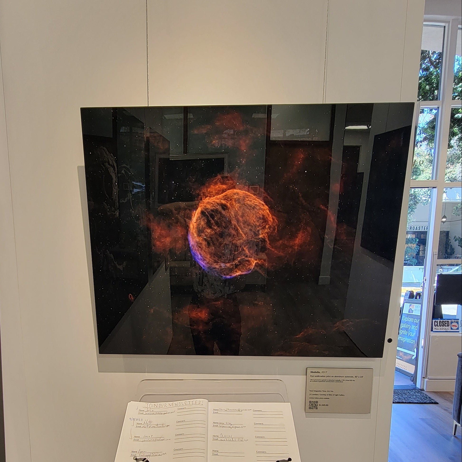 A photograph showing the metal print titled "Medulla" on display on a wall partition above a sign in list on a pedestal within Slice of Light Gallery.