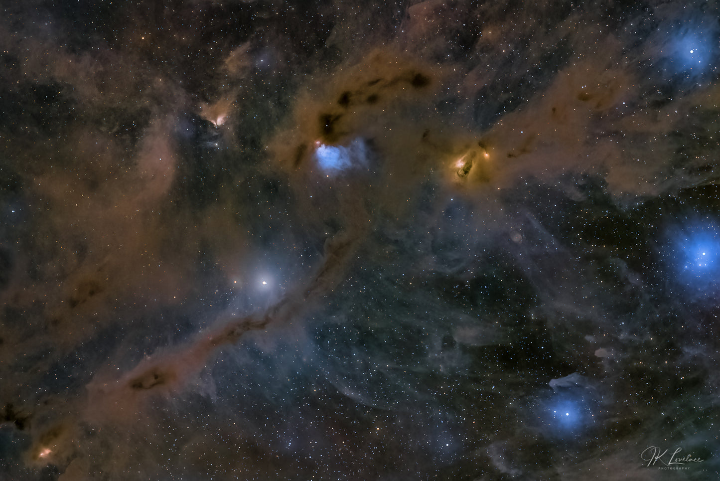 A jpg of the deep sky photograph titled "Nebulas LBN 782 and Barnard 7" shot by astrophotographer J K Lovelace featuring an active, dusty star forming region in the constellation Taurus (Taurus Molecular Cloud)