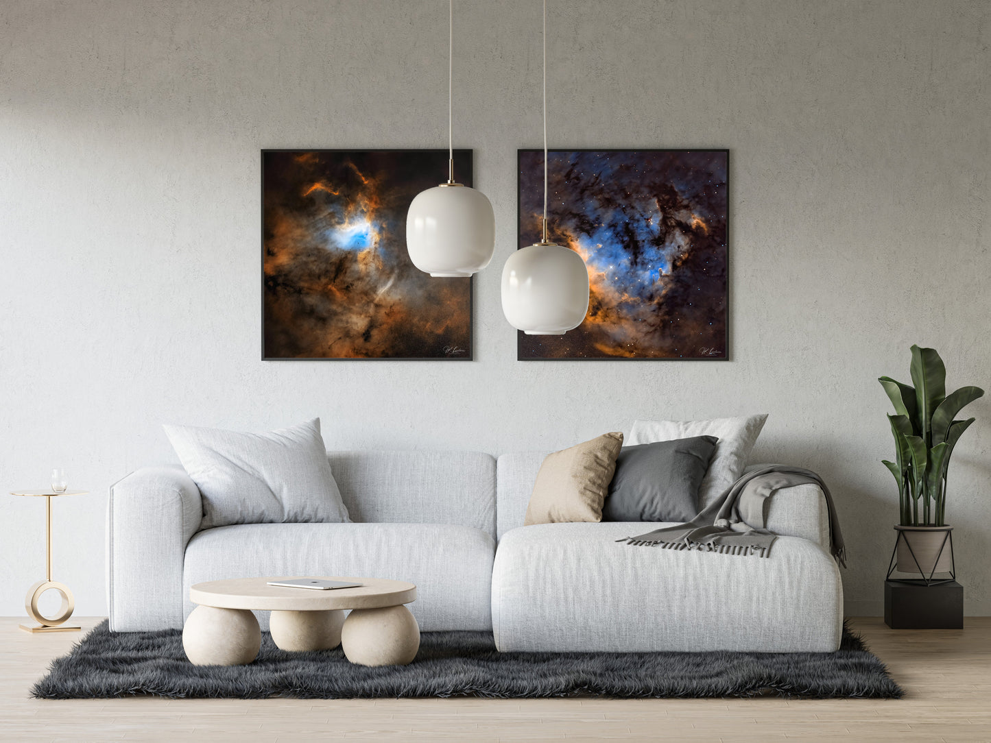 A wall art mockup featuring the two metal prints titled "Passage" and "Blue Heaven" in a contemporary living room above a white fabric single-sofa lounger and novel stone round coffee table.