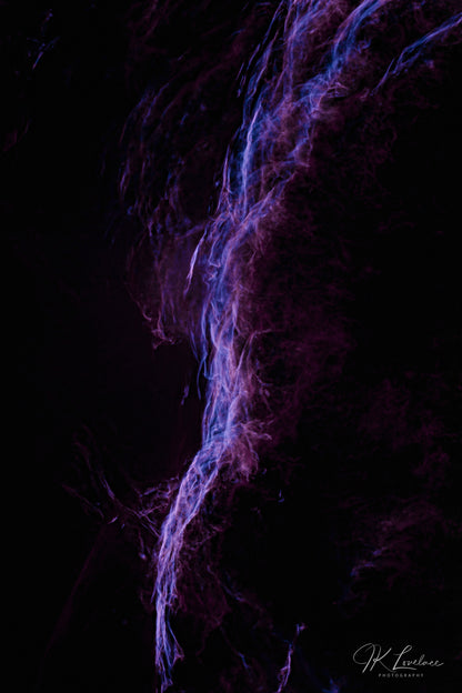A jpg of the photograph titled "Plasma Dance" shot by astrophotographer J K Lovelace, featuring a deep sky (starless) photograph of the Veil Nebula.