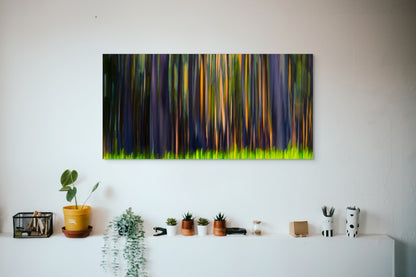 A wall art mockup featuring the photograph titled "Rainbow Eucalyptus, Big Island" by landscape photographer Ben Coffman as a 60 inch wide metal print with inset frame on display in a modern apartment.
