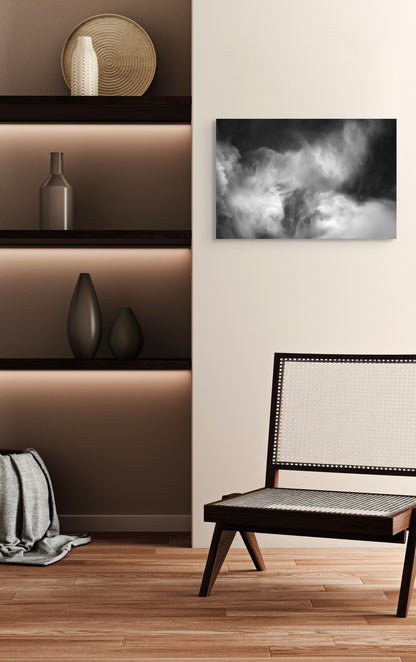 A wall art mockup featuring the photograph titled "Roar Shock I" by landscape photographer Ben Coffman as a 24 inch wide metal print with inset frame on display in a modern apartment.