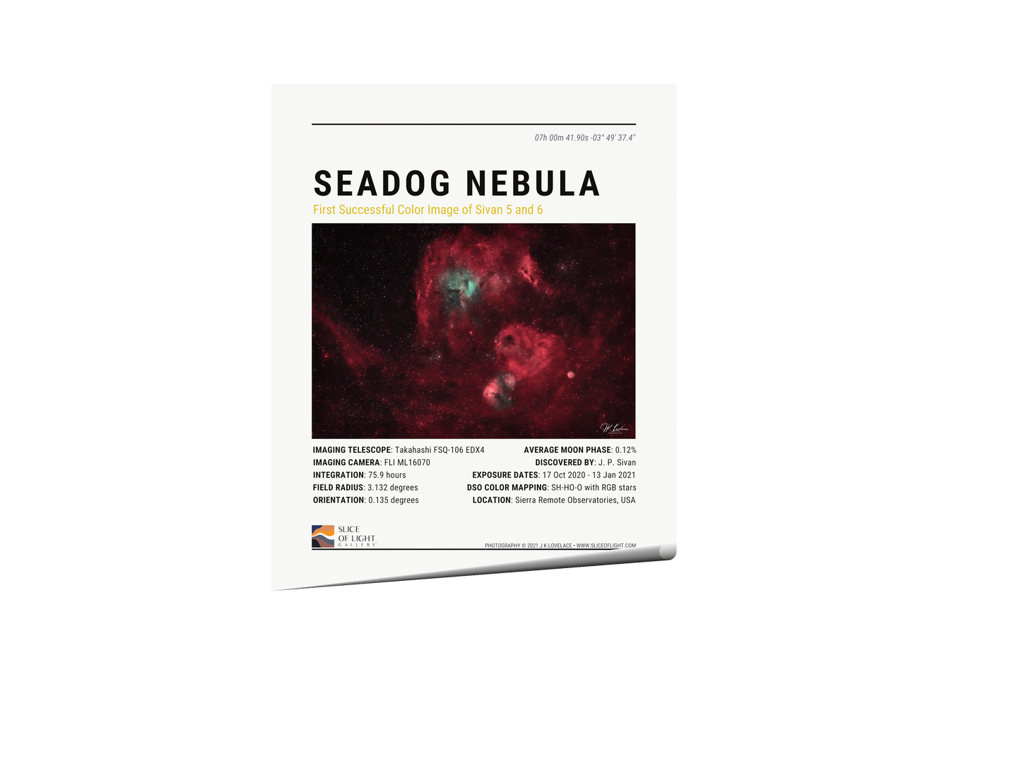 A png with background removed showing a digital mockup of a 16x20 inch poster of the Seadog Nebula for sale through Slice of Light Gallery